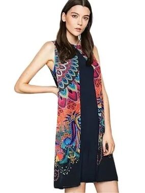 Desigual Layered Mandala Print Shift Dress SP 40 US 10 Maximalist Vibrant Boho